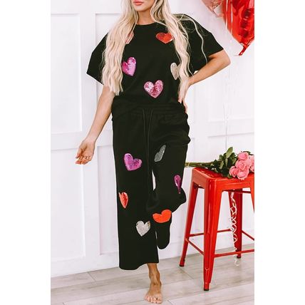 Black Sequin Heart Popping Graphic Textured 2pcs Outfit