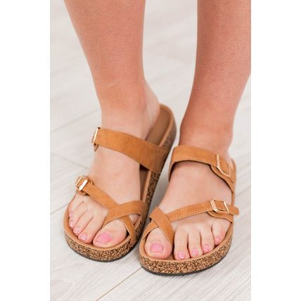 Camel Suede Adjustable Strap Toe Ring Outdoor Slippers