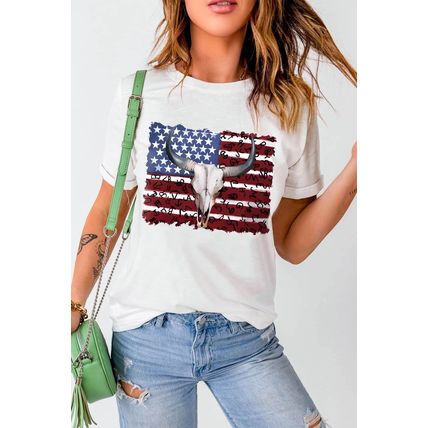 White Bull Skull American Flag Graphic Tee