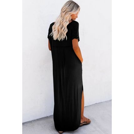 Black V Neck Hidden Pocket Splits Maxi T-shirt Dress