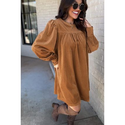 Desert Gold Corduroy Pleated Puff Sleeve Shift Short Dress