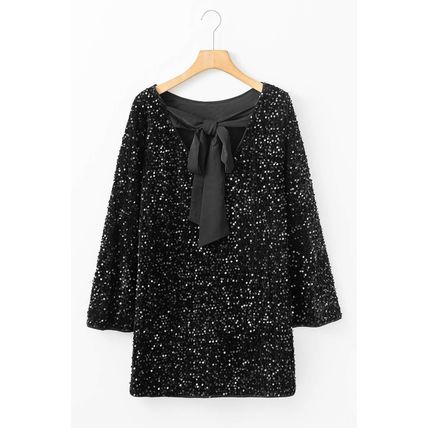 Black Sequin Long Sleeve Knot Cutout Back Mini Dress