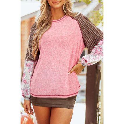 Fushia Mixed Print Patchwork Raglan Ribbed Knit Top