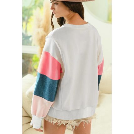 White French Terry Color Block Long Sleeve Top