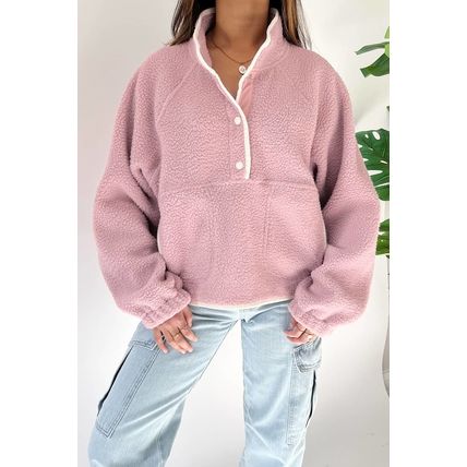 Fushia Stand Neck Half Button Zip Pocket Plush Sweatshirt