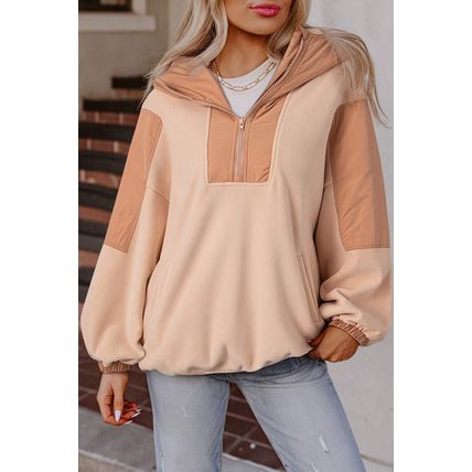 Light French Beige Colorblock Patchwork Half Zip Oversized Sherpa Hoodie