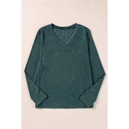 Mist Green Solid Color Long Sleeve V Neck Top