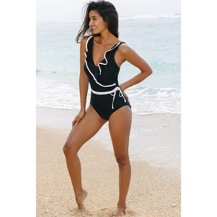 Black Color Contrast Ruffled Wrap V Neck Swimsuit
