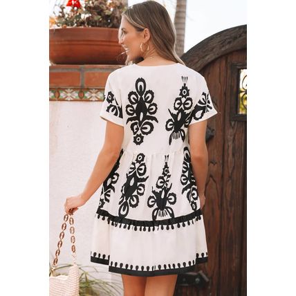 Black Vintage Print V Neck High Waist Short Sleeve Dress