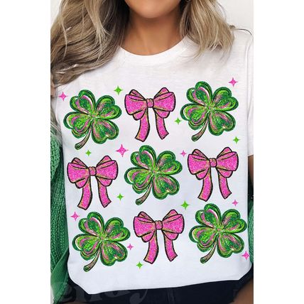 White St Patrick Shamrock Bowknot Printed Crewneck Tee