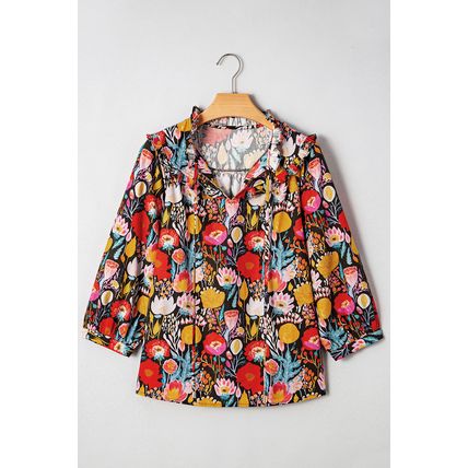 Black Floral 3/4 Puff Sleeve Tied Neck Blouse