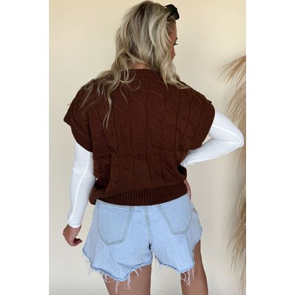Dark Brown Cable Texture Crew Neck Short Sleeve Sweater Top