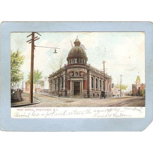 Rhode Island Pawtucket Postcard Post Office Street Scene Intersection w/Ho~1061