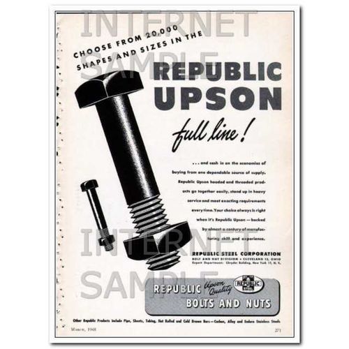 REPUBLIC STEEL CORPORATION 1948 Upson full line nuts bolts vintage ad