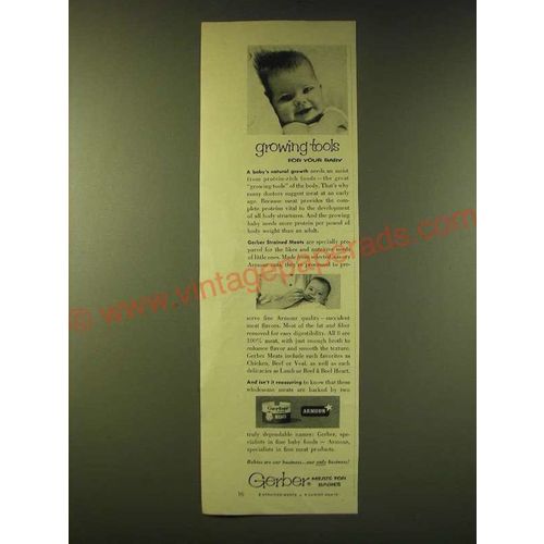 1956 Gerber Strained Meats Baby Food Ad - growing tools for your baby
