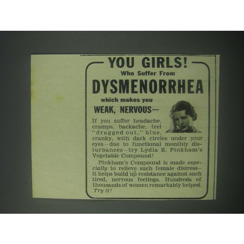 1941 Lydia E. Pinkham's Vegetable Compound Ad - girls who suffer dysmenorrhea