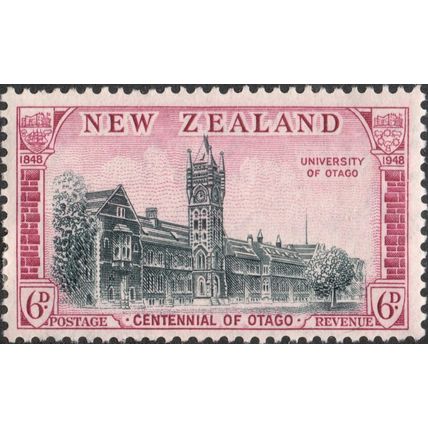 New Zealand KGVI 1948 Otago 6d Black & Rose Mounted Mint SG 695 stamp University