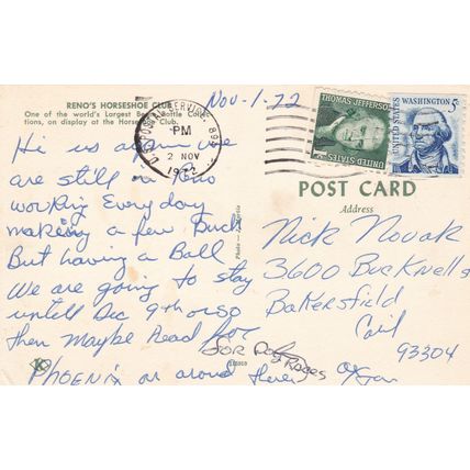 1972 - Reno Horseshoe Bottles - Vintage Postcard & Stamp - Casino Hotel