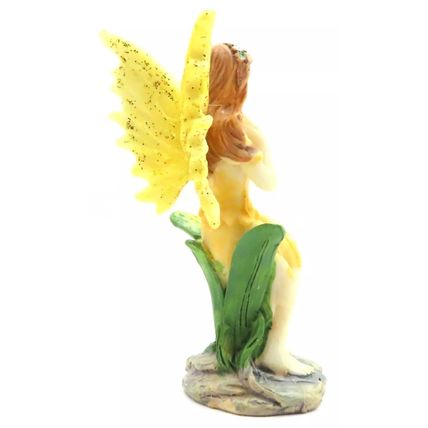 Sitting Fairy Ornament Figurine Yellow Dress & Yellow Wings 8.3 CM Gift Collect