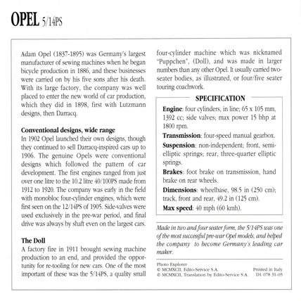 Collectors Club card. Classic Cars. Opel 5/14PS