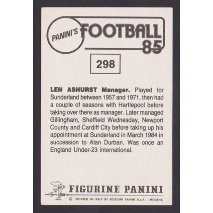 Panini Stickers Football 85 #298 Len Ashurst - Manager (Sunderland)