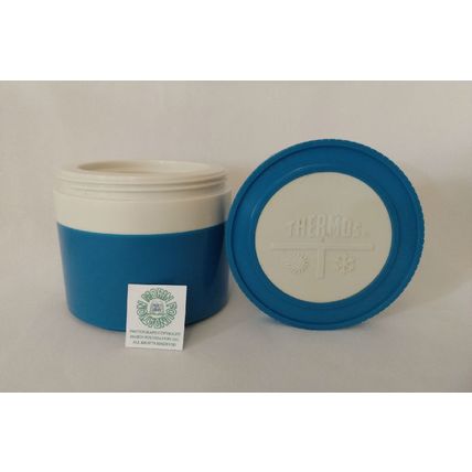 VINTAGE 1970s KING-SEELEY BLUE AND WHITE SOUP THERMOS w LID & STOPPER