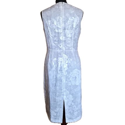Marks & Spencer New Silver, Light Gray Linen Bow Floral Roses Dress Size 12 UK