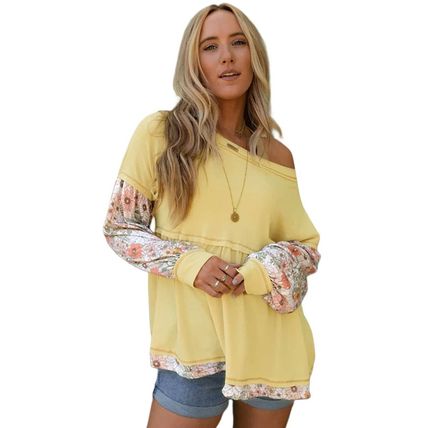 Yellow Floral Patchwork Waffle Knit Babydoll Blouse