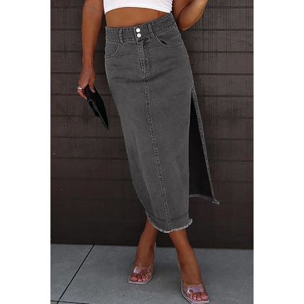 Black Raw Edge Side Slits Buttoned Midi Denim Skirt