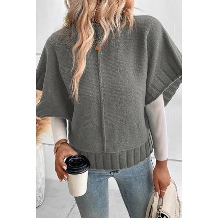 Medium Grey Mock Neck Batwing Short Sleeve Knit Sweater