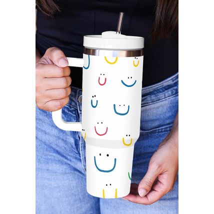 White Smiling Face Print Handle Vacuum Cup 1200ml