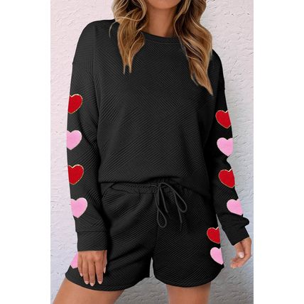 Black Heart Patch Long Sleeve Top and Shorts Textured 2pcs Set
