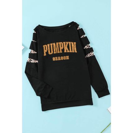 Black Leopard PUMPKIN SEASON Graphic Ripped Sleeve Sweatshirt