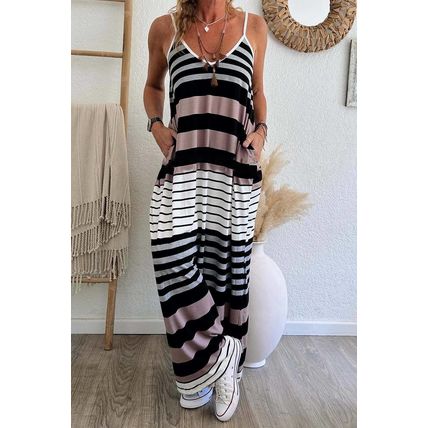 Multicolour Mixed Stripes Spaghetti Straps V Neck Maxi Dress