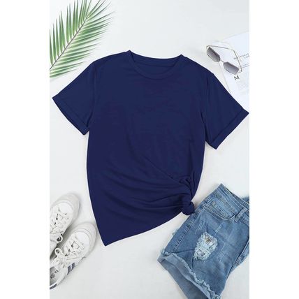 Blue Casual Plain Crew Neck Tee