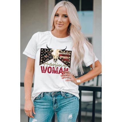 White American Woman Bull Skull Graphic T Shirt