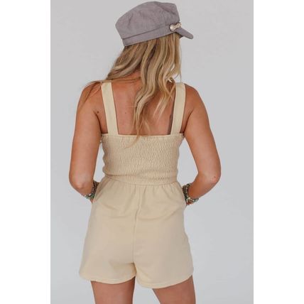 Beige Buttons Smocked Sleeveless Romper