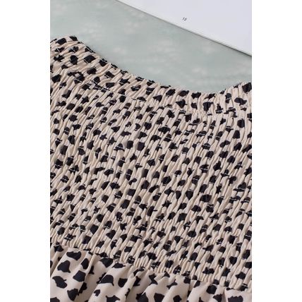 Khaki Leopard Shirred Round Neck Puff Sleeve Blouse