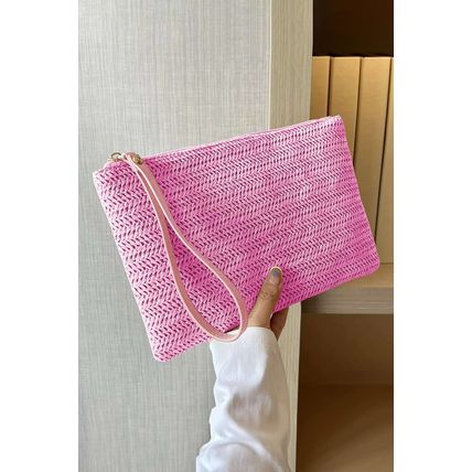 Rose Red Straw Woven Wrist Strap Zipper Large Wallet