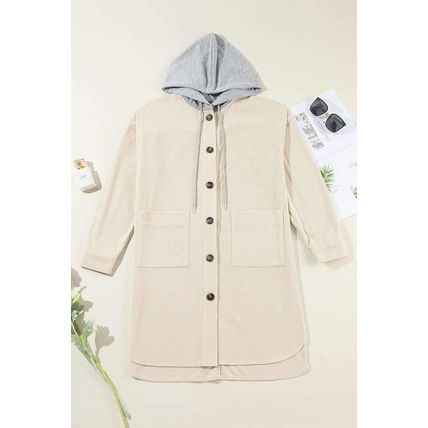 Beige Oversized Corduroy Contrast Hooded Shacket