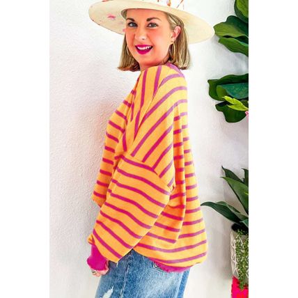 Orange Stripe Trimmed Round Neck Drop Shoulder Loose Sweater