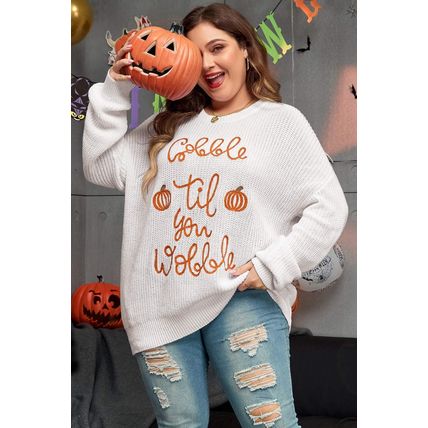 White Gobble Til You Wobble Pop Up Crochet Plus Size Sweater