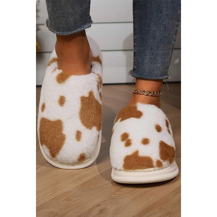 Chestnut Cow Spot Printed Plush Home Slippers