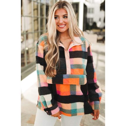 Black Plus Size Checkered Print Sherpa Henley Sweatshirt