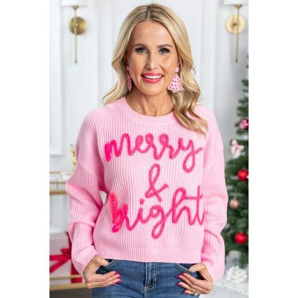 Pink Merry & Bright Pop Up Letter Waffle Knit Sweater