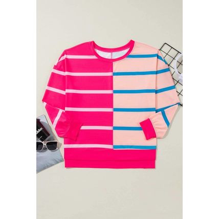 Rose Stripe Color Block Crewneck Long Sleeve Plus Size T Shirt