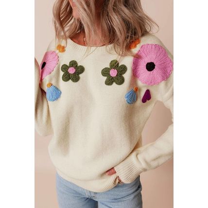 Beige Knitted Flower Pattern Ribbed Edge Sweater