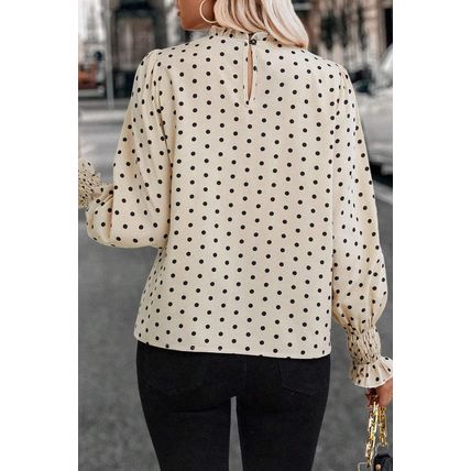 Apricot Polka Dot Print Frilled Collar Lantern Sleeve Blouse