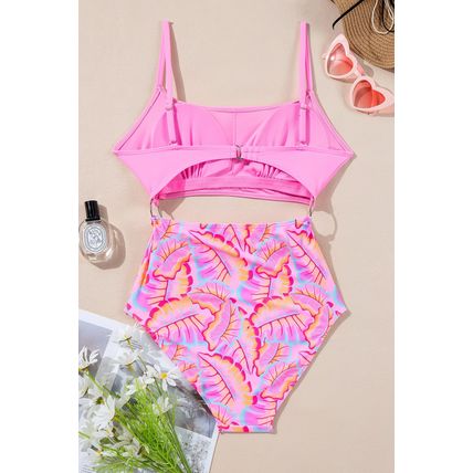 Rose O-ring Joint Leafy Print High Waist Monokini