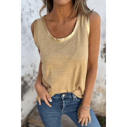 Tan Metallic Sheen Edge Scoop Neck Tank Top